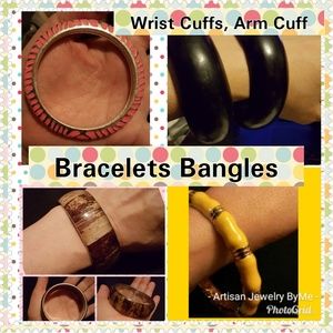 Set 3 Bracelet-Bangles-Enamel & Carved Wood